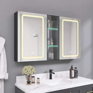 50 in. W. x 30 in. H Black Rectangular Aluminum Surface Mount Tri-View Defogger Bathroom LED Medicine Cabinet Mirror