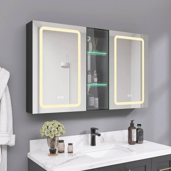 Zeafive 50 in. W. x 30 in. H Black Rectangular Aluminum Surface Mount Tri-View Defogger Bathroom LED Medicine Cabinet Mirror