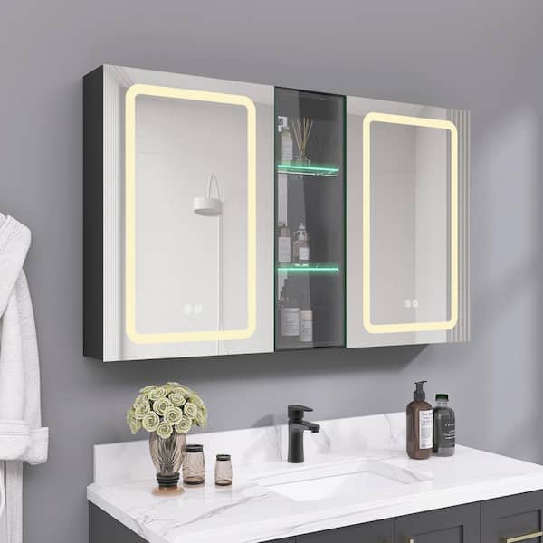 Zeafive 50 in. W x 30 in. H Rectangular Aluminum Medicine Cabinet with Mirror Black Surface Mount Tri-View Defogger Bathroom LED