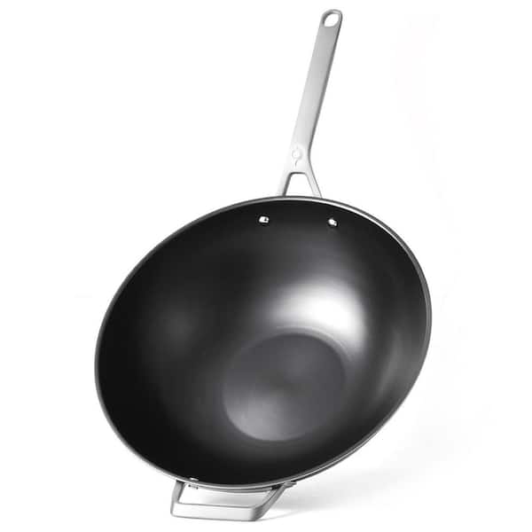 Large 13 in. Black Carbon Steel Non-Stick Induction Wok Pan, Lightweight, Non Toxic Cookware, No Coatings