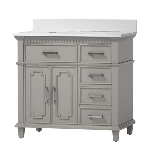 TOOLKISS 36 in. W x 22 in. D x 37.9 in. H Bath Vanity in Gray with White Engineered Quartz Composite Top