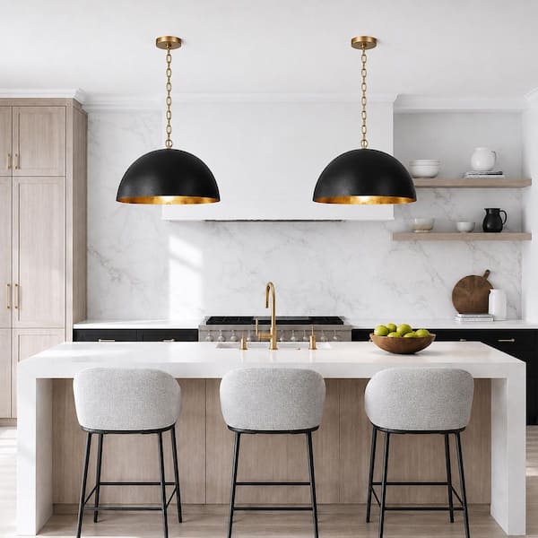 Zevni 23.6 in. 1-Light Modern Black and Gold Dome Pendant Light