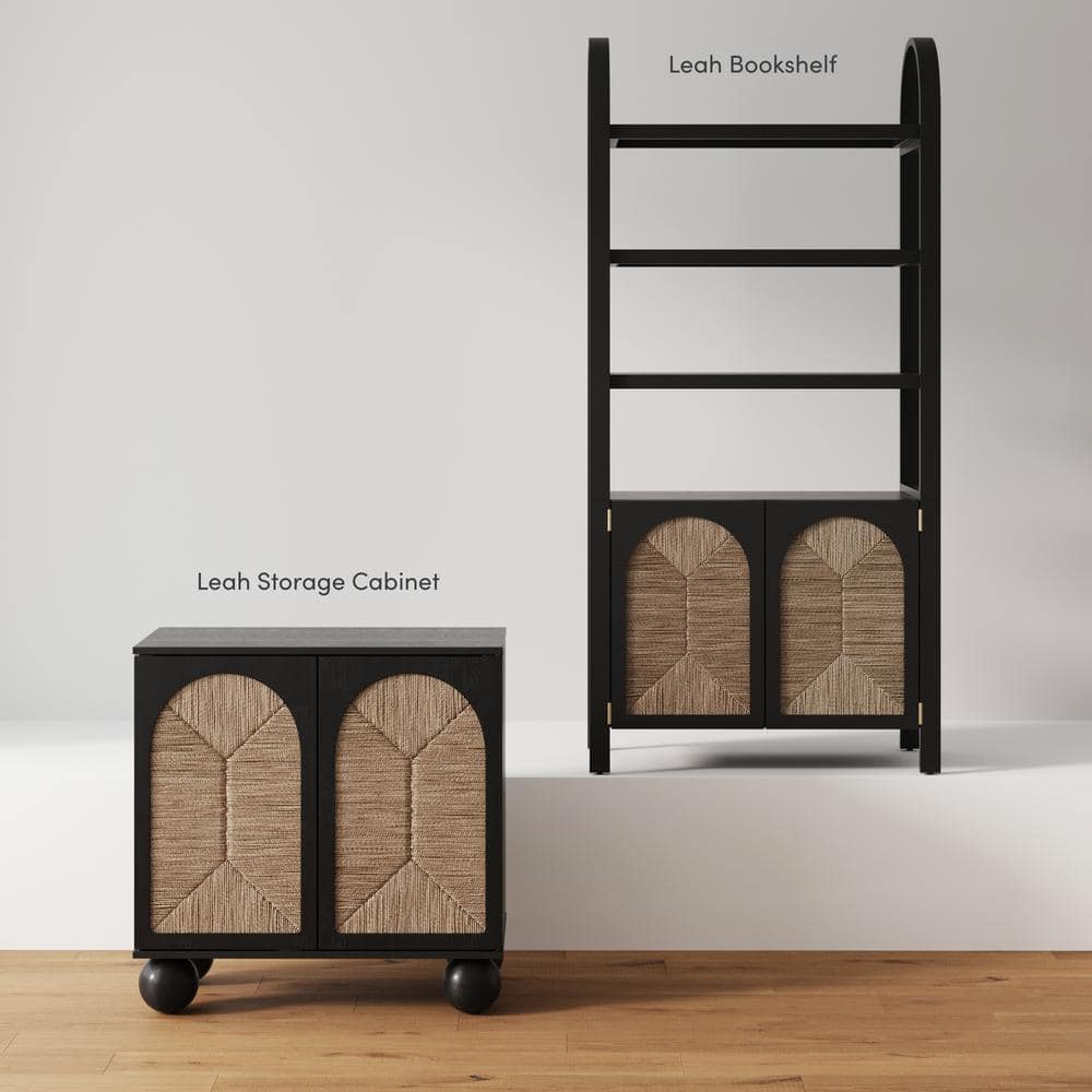 Black Boho Storage Cabinet with Seagrass Doors and Solid Wood Legs