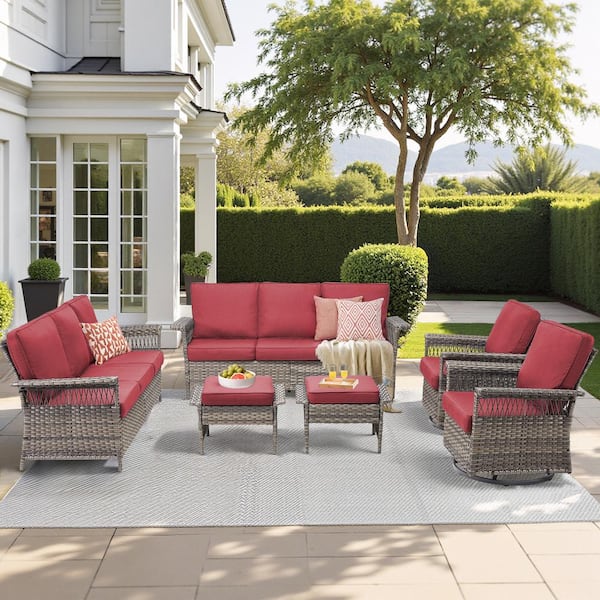 Buenaola Nyajiah 6-Piece Wicker Outdoor Patio Conversation Set with Red Cushions