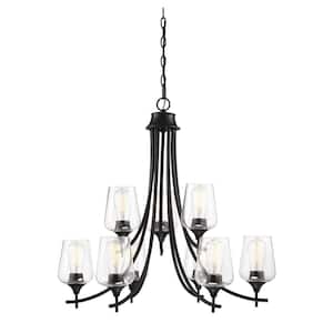30 in. W x 28 in. H 9-Light Black Tiered Chandelier with Clear Glass Shades