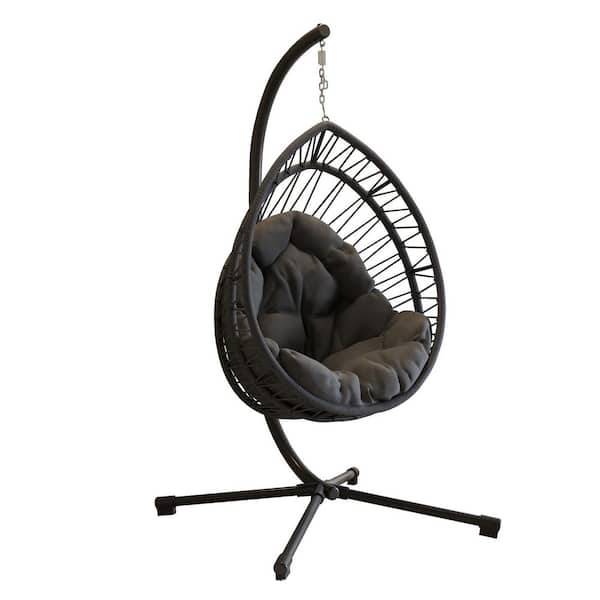 Teardrop-shaped Design Outdoor Egg Hanging Chair with Stand 1-Person Black HDPE Patio Swing with Drak Grey Cushion