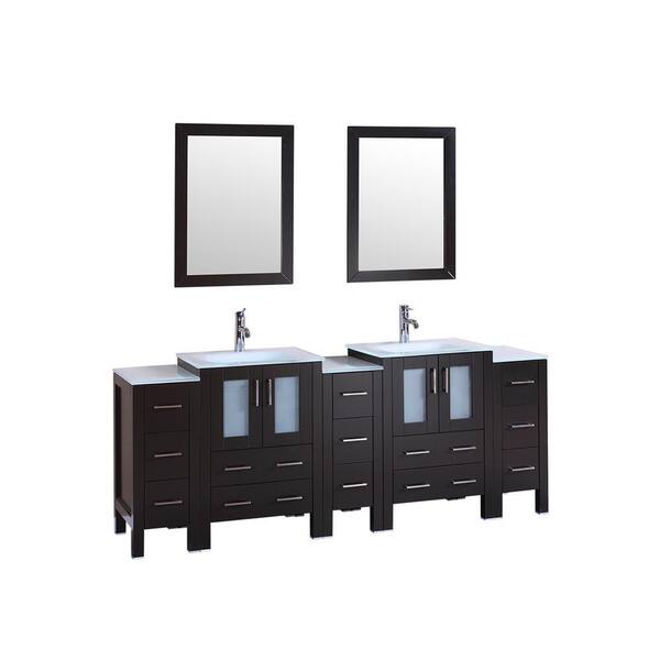 Bosconi 84 in. W Double Bath Vanity with Tempered Glass Vanity Top in White with White Basin and Mirror
