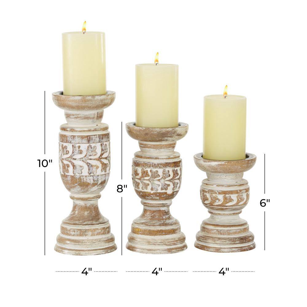 Rustic Whitewashed Wood Carved Candle Holders, Set of 3