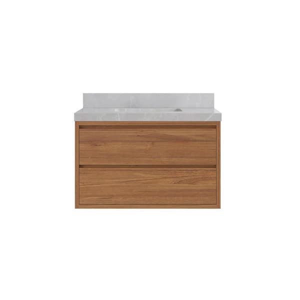 Willow Collections Madison Float 36 in. W x 22 in. D x 36 in. H Bathroom Vanity Center Sink in Dark Natural with 2 in. Pearl Gray Qt. Top