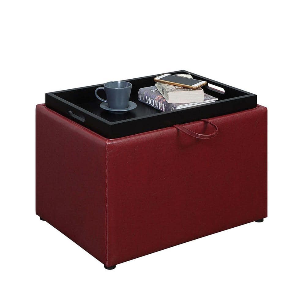 Burgundy Faux Leather 23" Modern Storage Ottoman with Tray