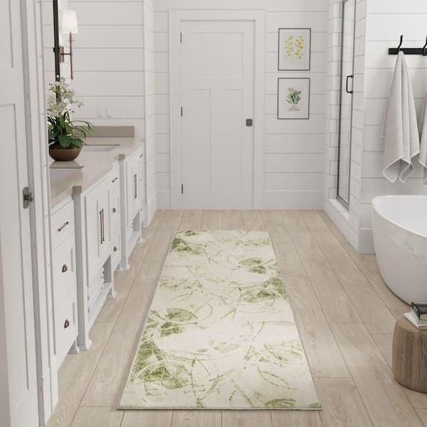 Astra Machine Washable Beige Green 2 ft. x 6 ft. Abstract Contemporary Runner Area Rug