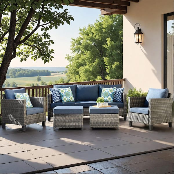 Megon Holly Gray 5-Piece Wicker Outdoor Patio Conversation Seating Sofa Set with Denim Blue Cushions