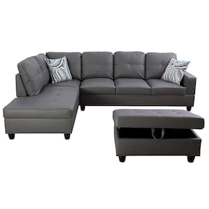 104 in. Square Arm 3-Piece Faux Leather L-Shaped Sectional Sofa in Cloud Gray