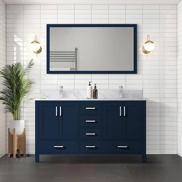 Lexora Jacques 60 in. W x 22 in. D Navy Blue Double Freestanding Bath Vanity with Carrara Marble Top