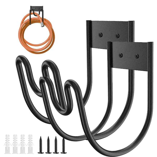 2-Pack Black Heavy Duty Garden Hose Holder Stainless Steel Hose Rack Reel Organizer for Water Hose Extension Cords