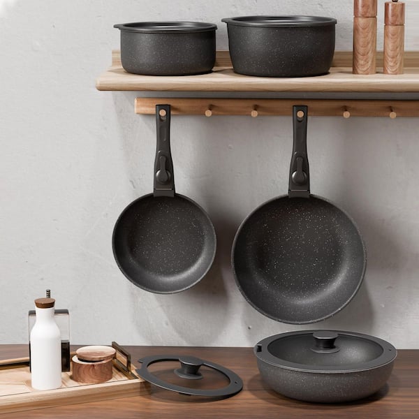 18-Piece Black Aluminum Non-Stick Cookware Set with Silicone Tools, Detachable Handles for All Stovetops