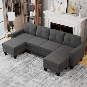 96.8 in. Square Arm U-Shape Linen Sectional Sofa in Dark Gray with Ottomans (4 Installation Options)