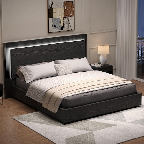 Modern Black Wood Frame King Size Platform Bed with LED Light Headboard and Solid Slat Support