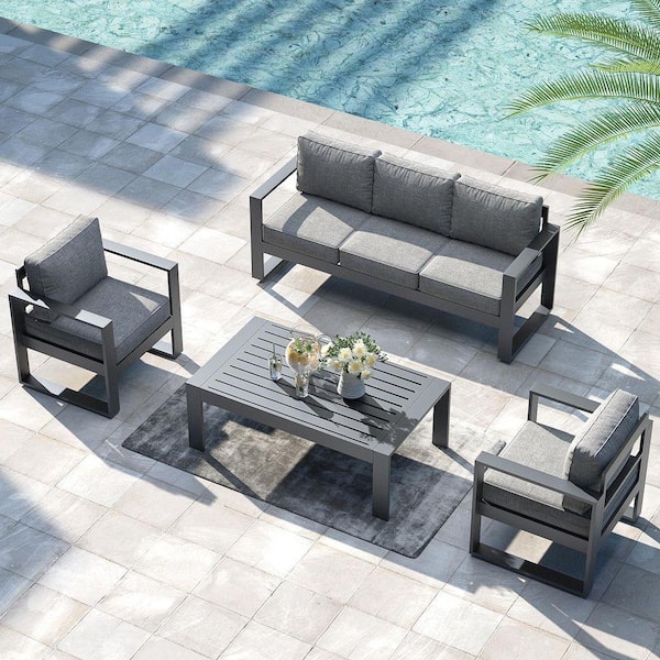 4-Piece Hight Back Aluminum Outdoor Furniture Set with Coffee Table and Gray Frame