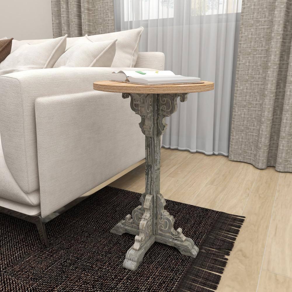 Gray Intricately Carved Scroll Round Wood Accent Table - 15" x 23"