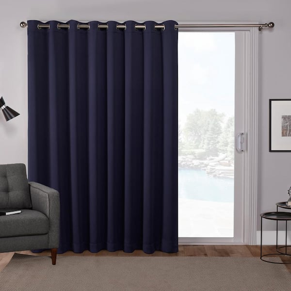 EXCLUSIVE HOME Sateen Patio Peacoat Blue Solid Woven Room Darkening Grommet Top Curtain, 100 in. W x 84 in. L