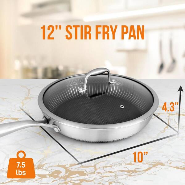 12 Inch Classic Stir Fry Pan With Lid Stainless Steel Skillet Kitchen Cookware 