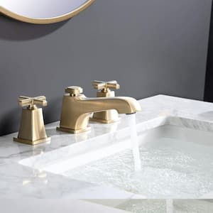 8 in. Widespread Double-Handles Low Arc Spout Bathroom Faucet with Drain Kit Included in Brushed Gold