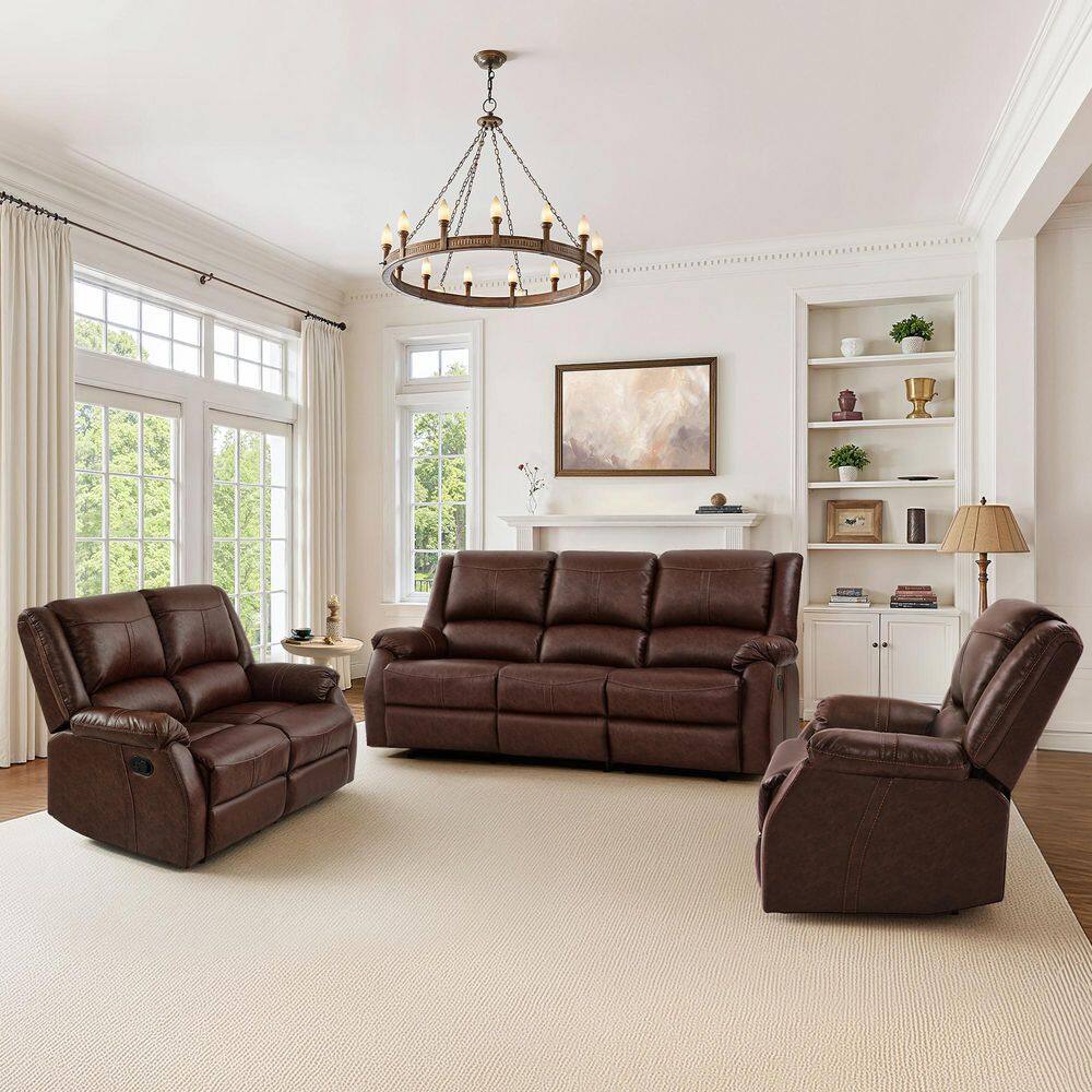 Jackson 80.7 in. W 3-Piece Rolled Arm Leather Upholstered Rectangle Push Back Recliner Sofa,Loveseat and Chair in Brown.