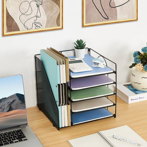 OPNCIE 5-Tier Desk Organizer With Drawer - Paper Letter Tray, File Holder, Pen Holders, Brown Metal Mesh - View #8