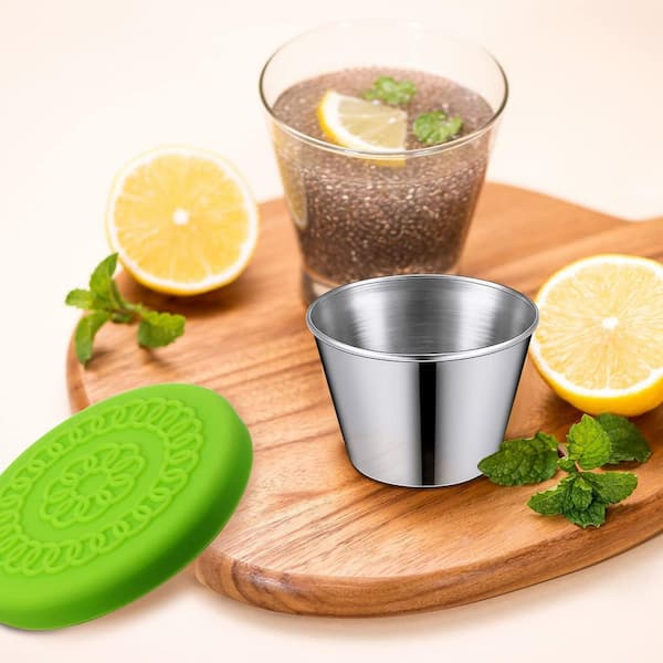 Stainless Steel Silver Dipping Sauce Portion Cup Lid Food Storage for 2.5 oz. Cups Leakproof Silicone Lid 20 Pack