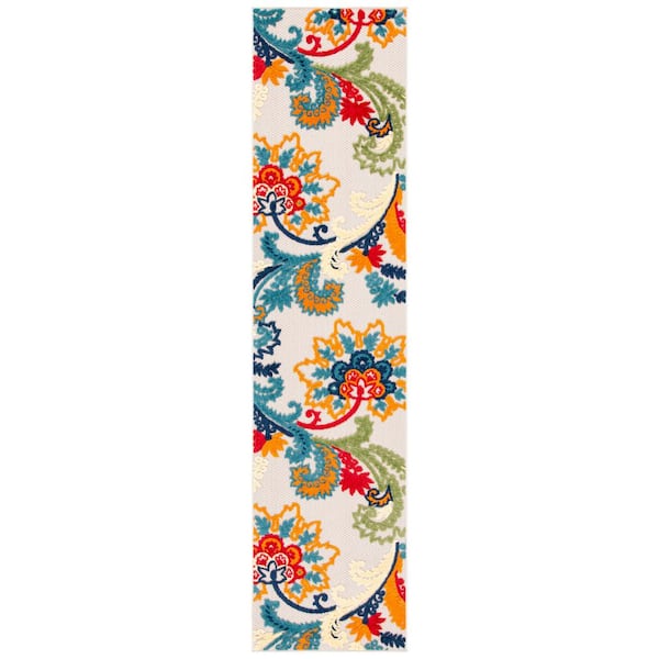 SAFAVIEH Cabana Ivory/Blue 2 ft. x 5 ft. Floral Scroll Indoor/Outdoor Runner Rug