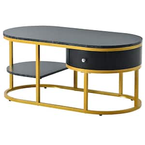 Black and Golden Metal Coffee Table with Drawers and Shelves Storage