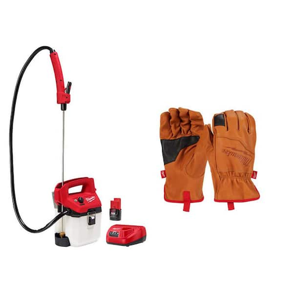 Milwaukee M12 12 Volt 1 Gal. Lithium Ion Cordless Handheld Sprayer Kit with 2.0 Ah Battery Charger X Large Leather Gloves 2528 21G1 48 73 0013 The Home Depot