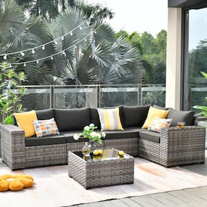 Marvel Gray 6-Piece Wicker Wide Arm Patio Conversation Set with Black Cushions