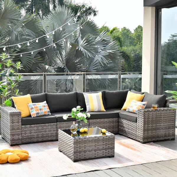 OVIOS Marvel Gray 6-Piece Wicker Wide Arm Patio Conversation Set with Black Cushions