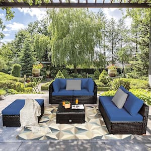 6-Pieces Outdoor Patio Rattan Furniture Set with Navy Cushions