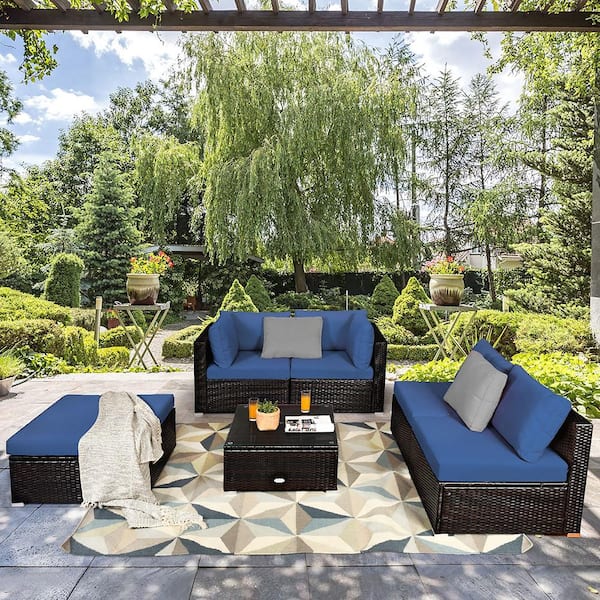 6-Pieces Outdoor Patio Rattan Furniture Set with Navy Cushions