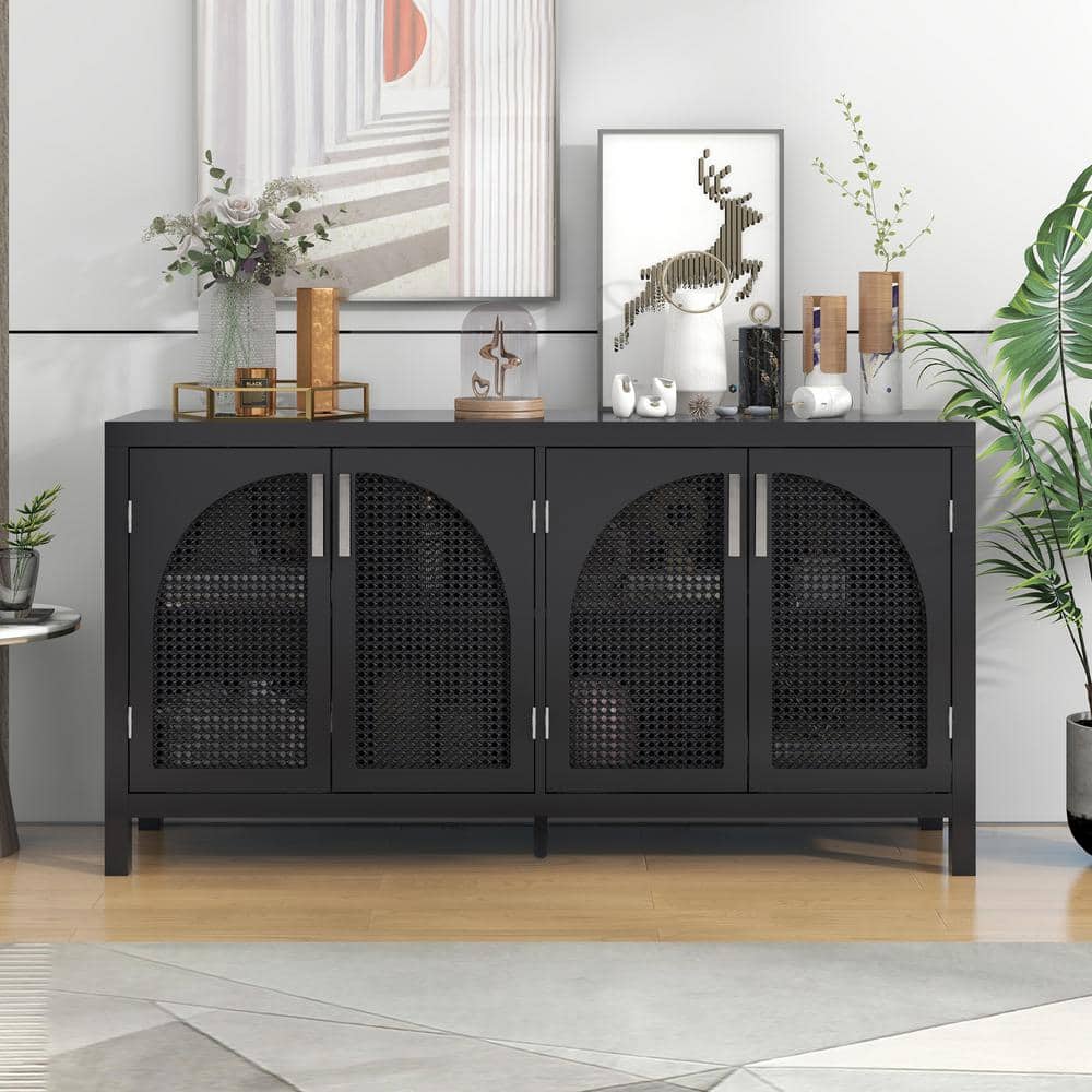 58.1 in. W Black Large Storage Space Sideboard with Artificial Rattan Door 