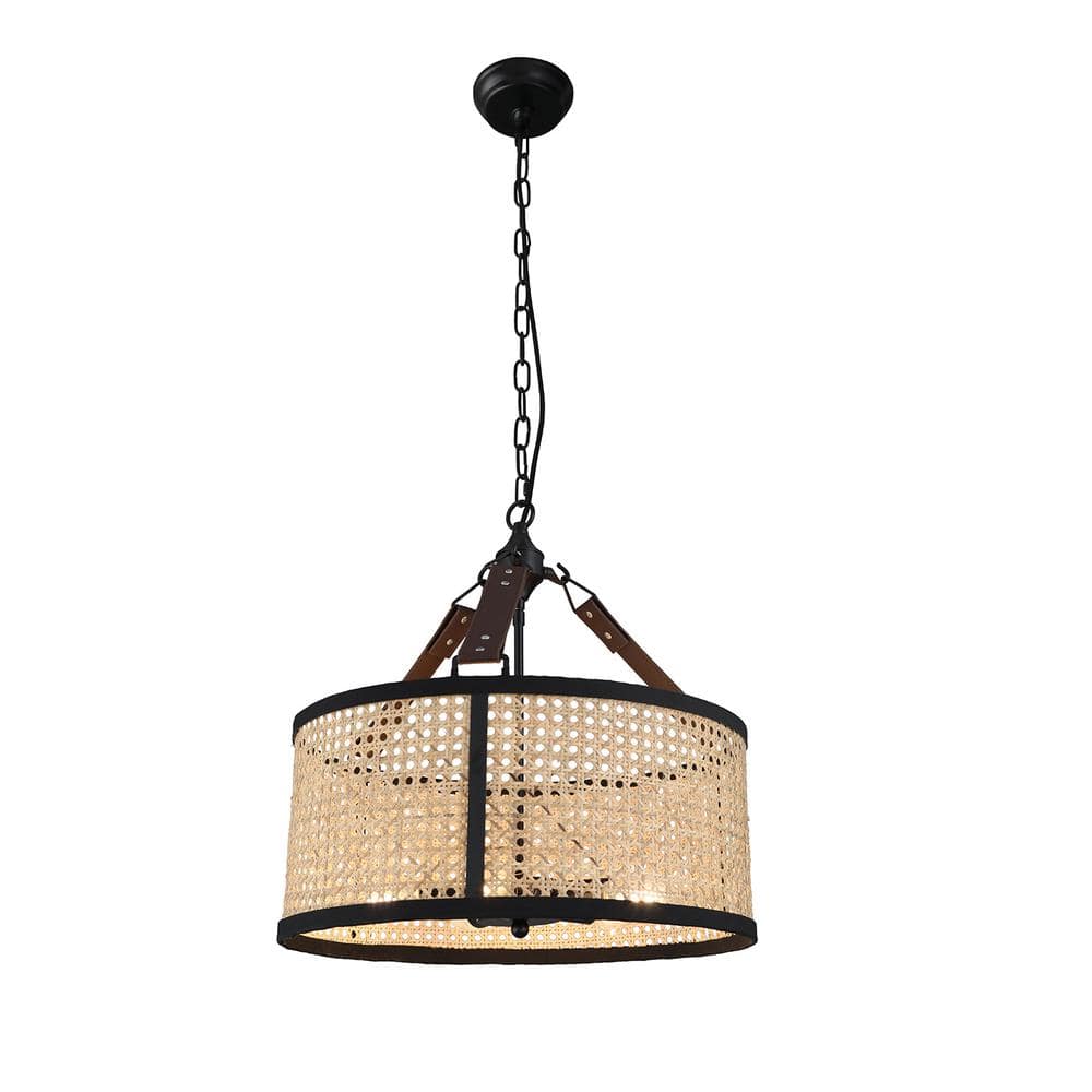 4-Light Matte Black and Beige Drum Chandelier with no Bulbs Included
