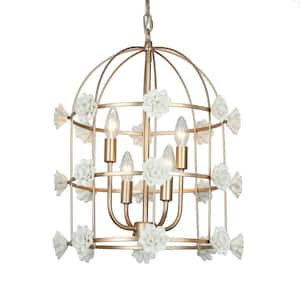 4-Light Modern Gold Cage Candlestick Chandelier with White Ceramic Flowers