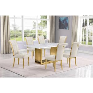 Lisa 7-Piece Rectangular White Marble Top Gold Chrome Base Dining Set with Cream Velvet Chairs Seats 6.