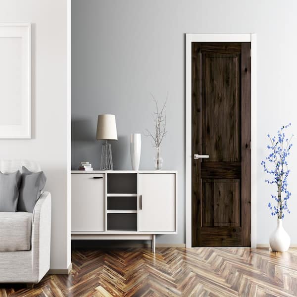 Krosswood Doors 18 in. x 96 in. Rustic Knotty Alder 2 Panel Left-Handed Black Stain Wood Single Prehung Interior Door with Square Top