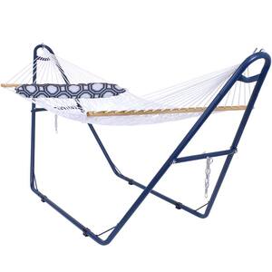 11 ft. L White 2-Person Spreader Bar Rope Hammock with Pillow and Blue Stand