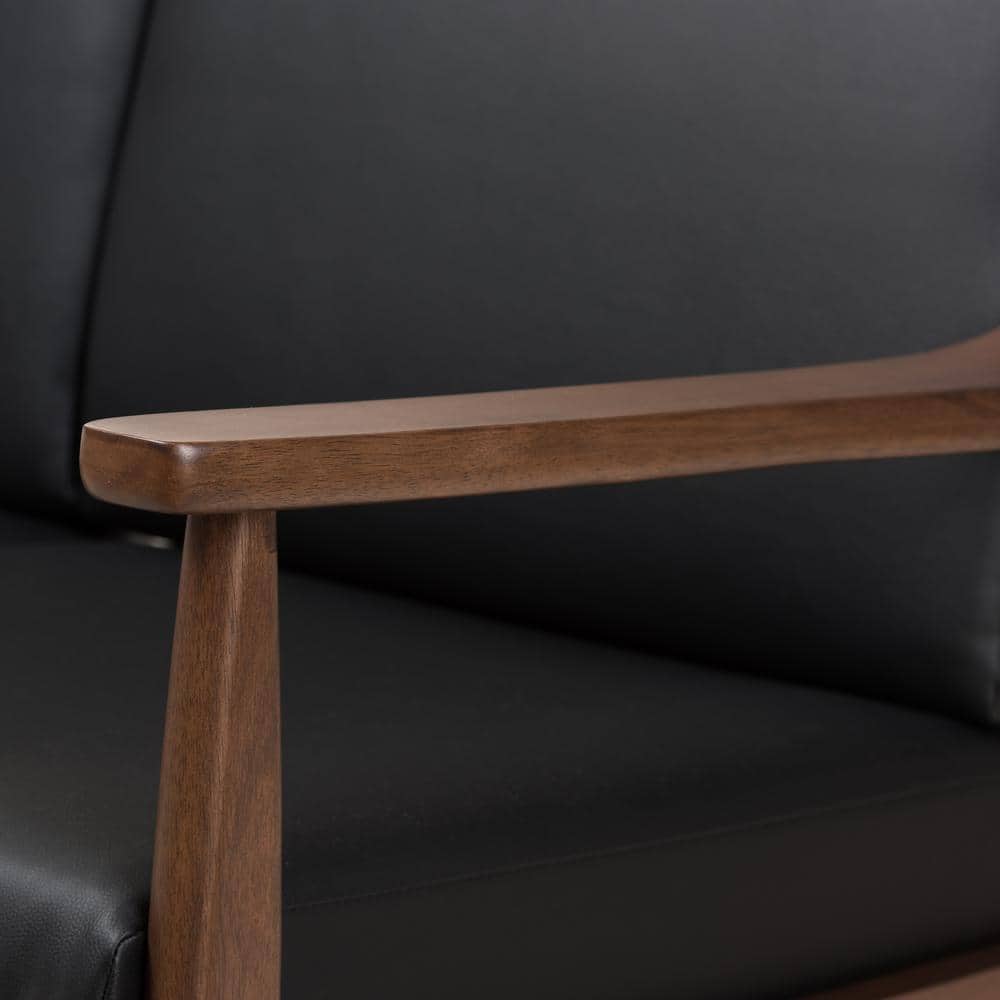 Mid-Century Modern Walnut Wood Black Faux Leather Loveseat