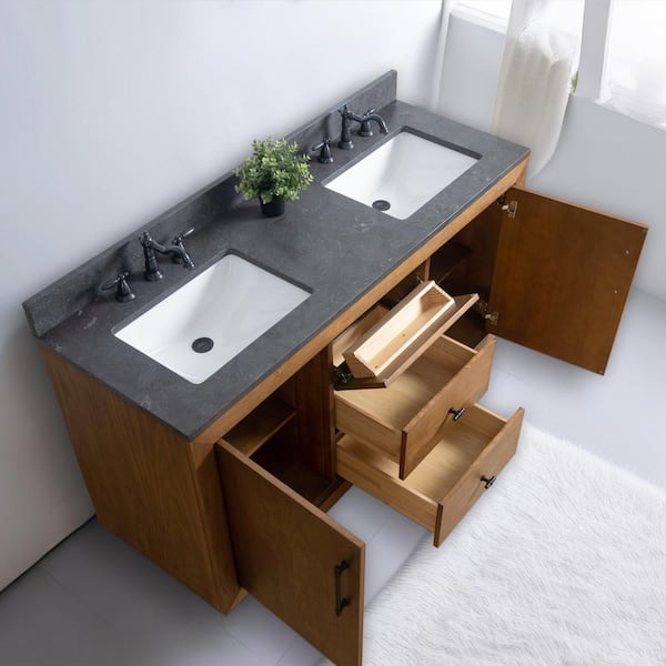 Vanity Art Teamson Kids 60 in. W x 21.5 in. D x 34 in. H Double Sink Bathroom Vanity in Tan with Black Limestone Top