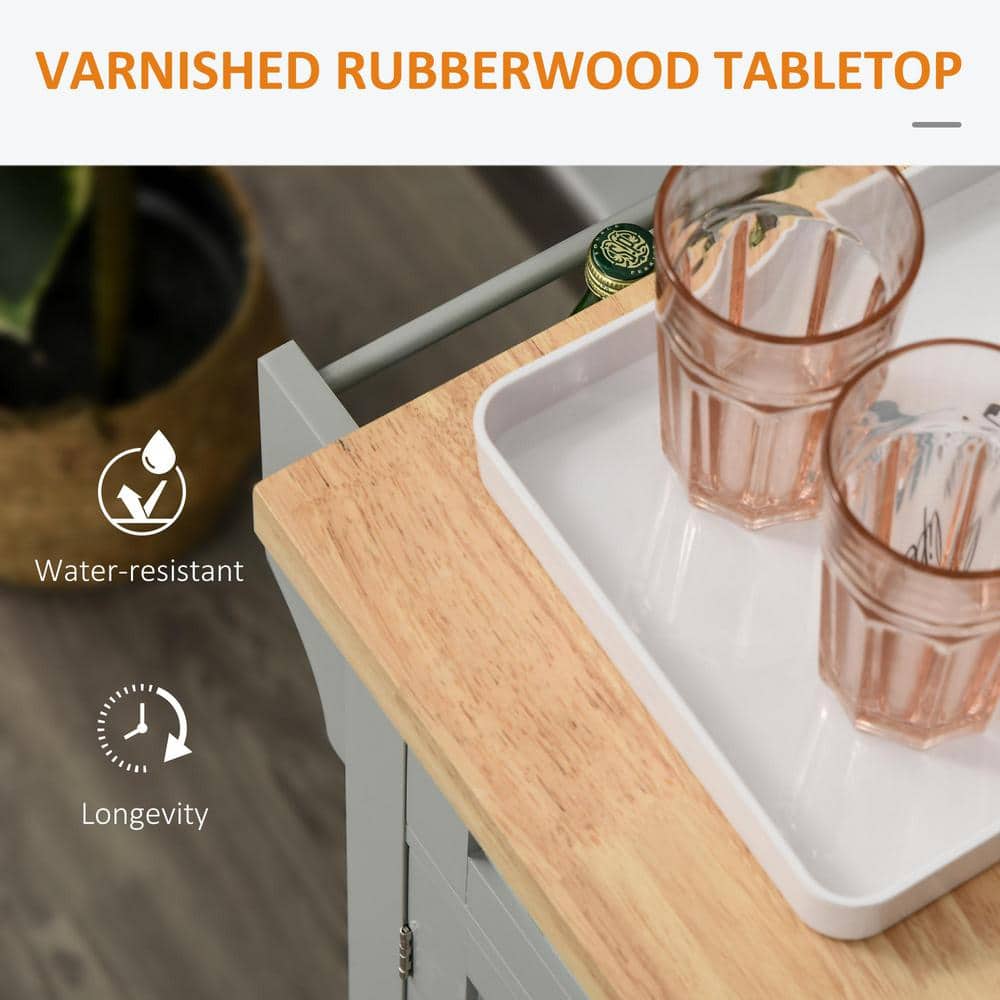 Gray Wood Kitchen Cart with Butcher Block Top and Spice Rack