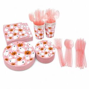 175-Piece Halloween Pink Paper Dinnerware Set (Service for 25), Ghost Pumpkin Disposable Party Supplies