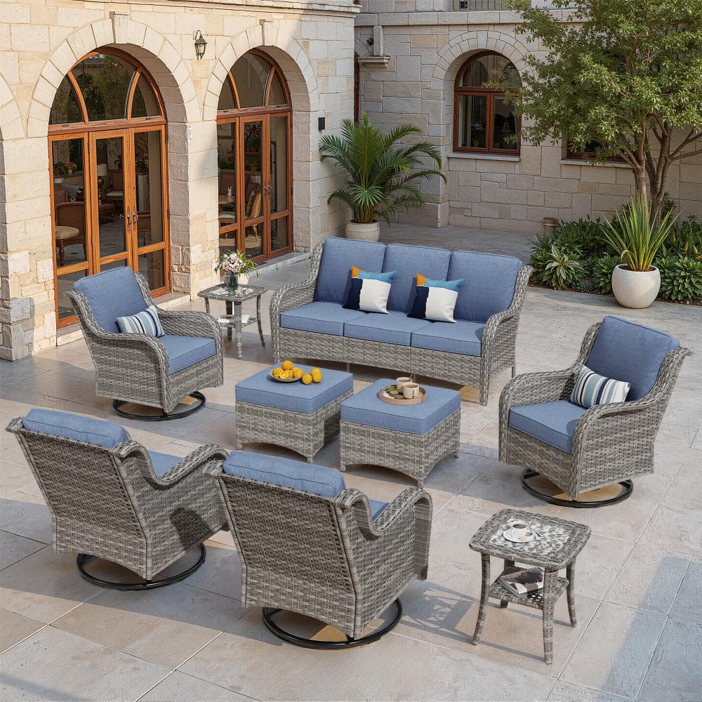 Newport Gray Wicker 9-Piece Patio Conversation Sofa Swivel Chairs Set with Ottomans and Denim Blue Cushions price history on PriceWatchPro