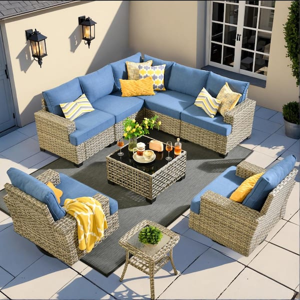 XIZZI Lauren 9-Piece Wicker Patio Conversation Seating Sofa Set with Blue Cushions and Swivel Rocking Chairs