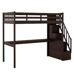Espresso Twin Loft Bed with Staircase and Built-in Desk